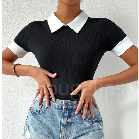 Rouge! Tops - Contrast White Collar Black Rib-Knit Short Sleeve Bodysuit